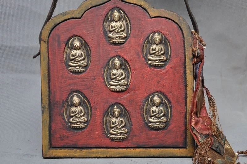 

Old Tibet Temple Bronze Wood leather Silk Medicine 7 Buddha Shrines Tangka Fokan