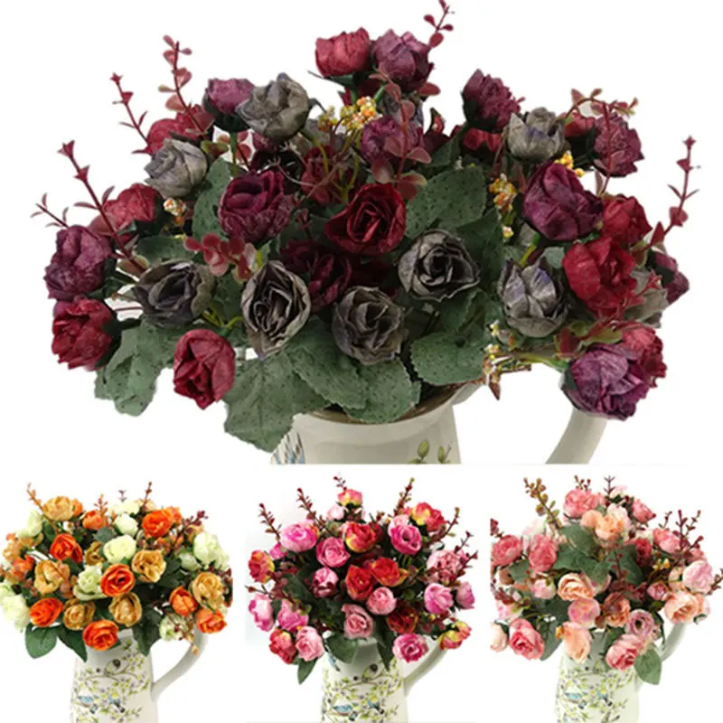 1Bunch Fresh Artificial Rose Flowers 21 Heads Romantic DIY Fake Silk Floral for Wedding Party Home Decoration