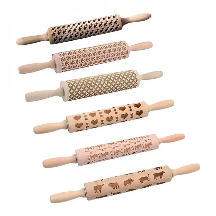 Christmas Snowflake Embossing Rolling Pin Gingerbread Baking Cookies Wooden Noodle Biscuit Fondant Cake Dough Patterned Roller