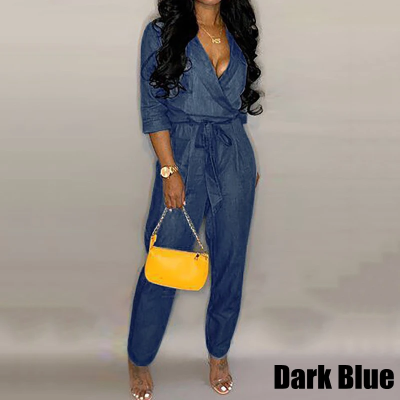 

VONDA Denim Jumpsuit Womens Rompers Office Ladies Pants 2019 Summer Sexy V Neck Playsuit Femme Casual Overalls Plus Size S-5XL