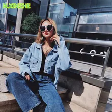 Женская одежда с длинным рукавом, однотонная потертая Асимметричная джинсовая куртка короткая женская куртка модная Повседневная Свободная джинсовая верхняя одежда