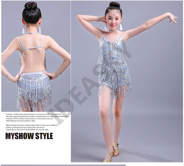 Sequin tassel diamond latin dance dress for girl salsa kids spandex fringe children ballroom dresses samba tango cha cha costume