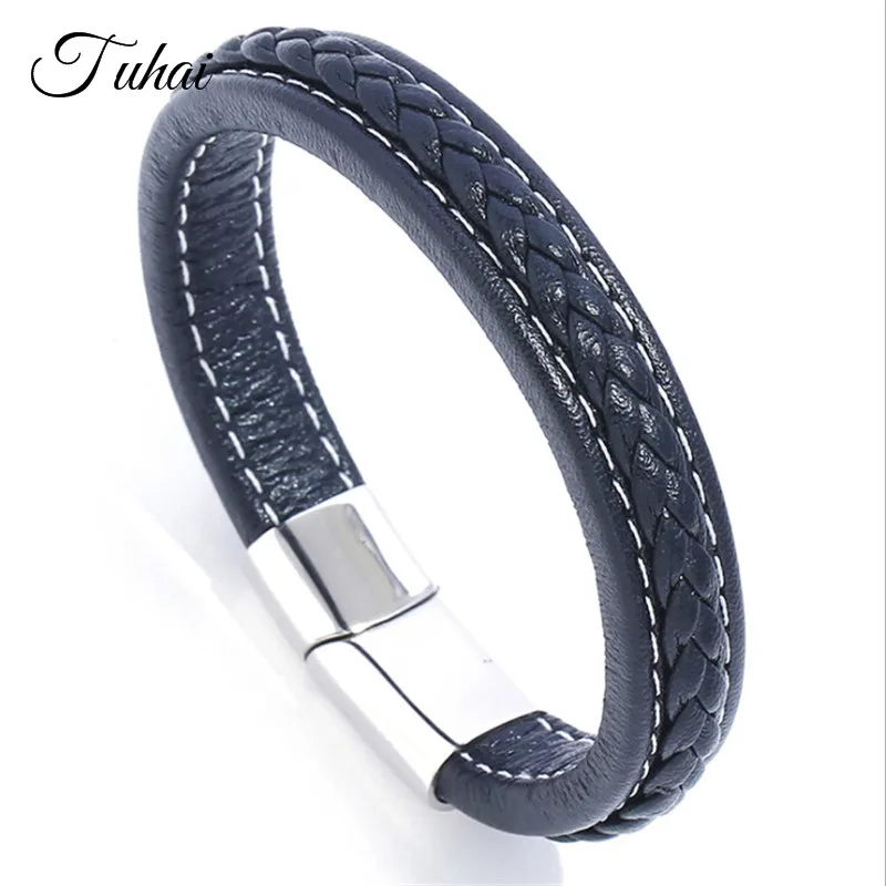 

3 Colors Punk Style Bangle Stainless Steel Handmade Trendy Male Genuine Leather Bracelet Black Wide Braided Leather Bracelets