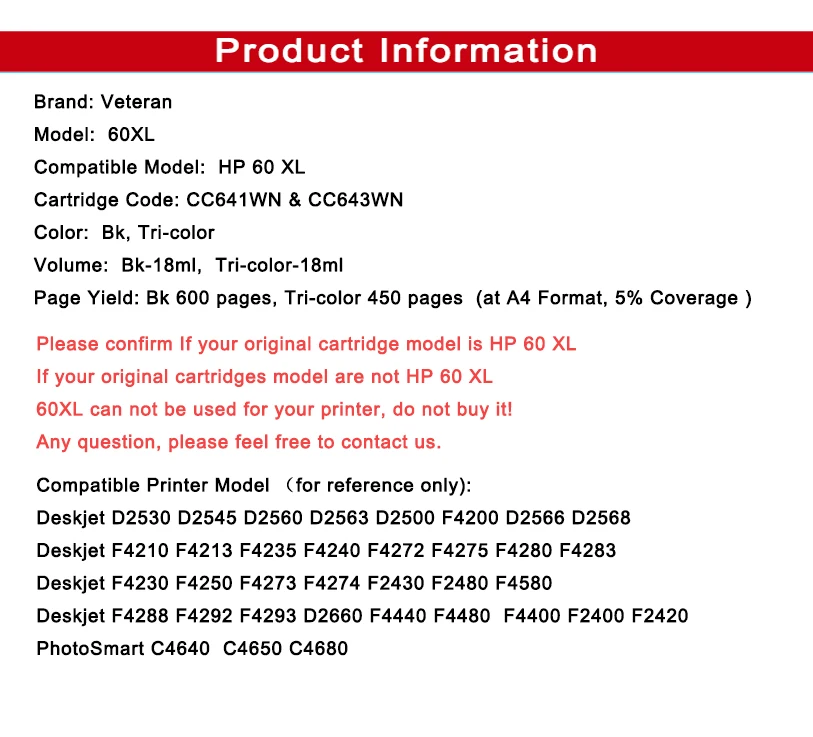 Ветеран 60XL картридж с чернилами для hp 60 XL Deskjet F2480 F2420 F4480 F4580 F4280 D2660 D2530 D2560 PhotoSmart C4680
