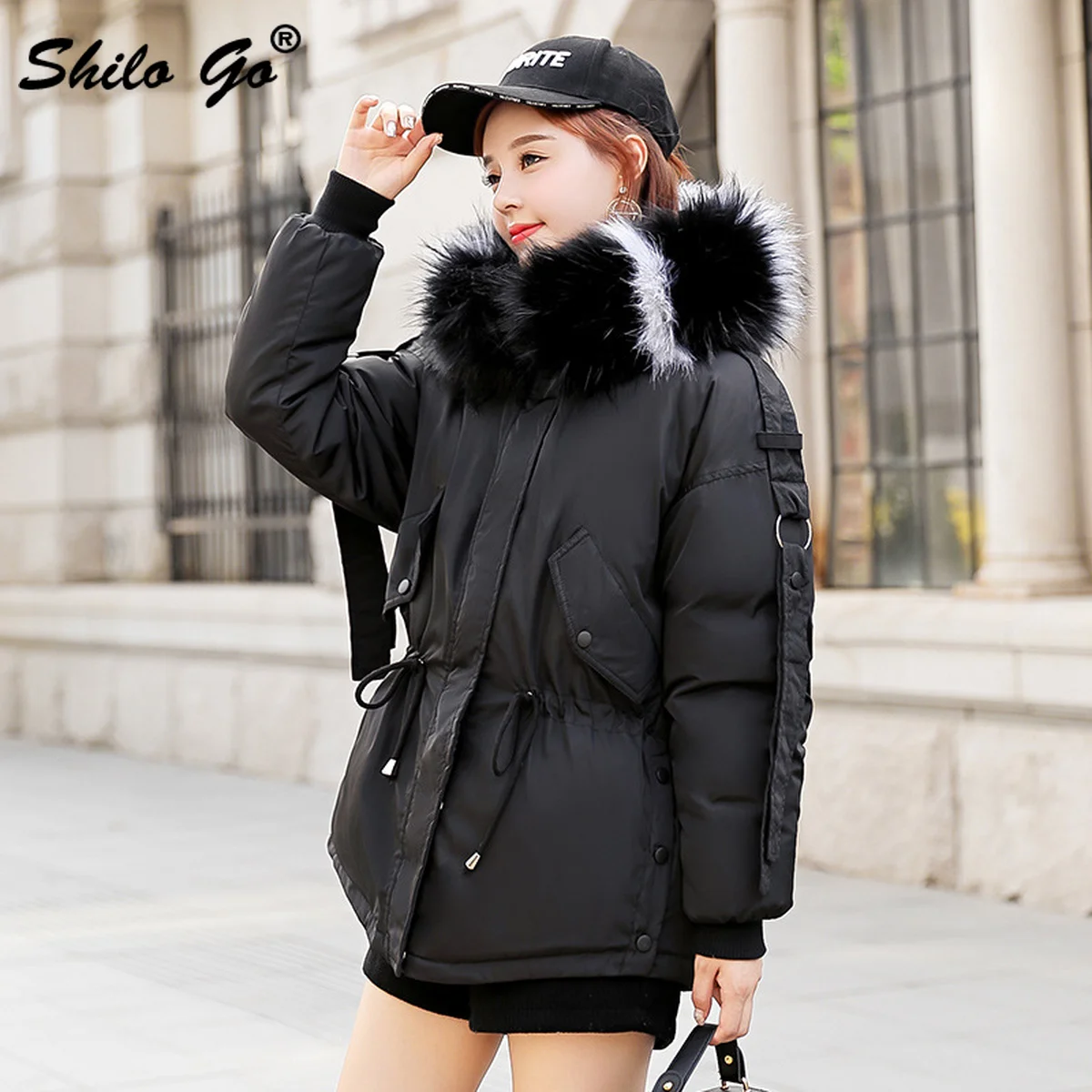 Korea bontkraag Capuchon vrouwen jas parka Winter chic oversize katoen warme jas geplooide taille Casual thicken uitloper vrouwelijke Korea bontkraag Capuchon vrouwen jas parka Winter chic oversize katoen warme jas geplooide taille Casual thicken uitloper vrouwelijke