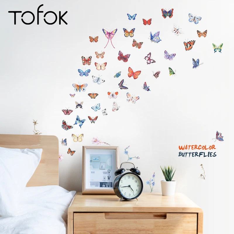 

Tofok Watercolor Butterfly Flowers DIY Wall Sticker Waterproof Bedroom Decals Furniture Fridge Cabinet Window Home Decoration