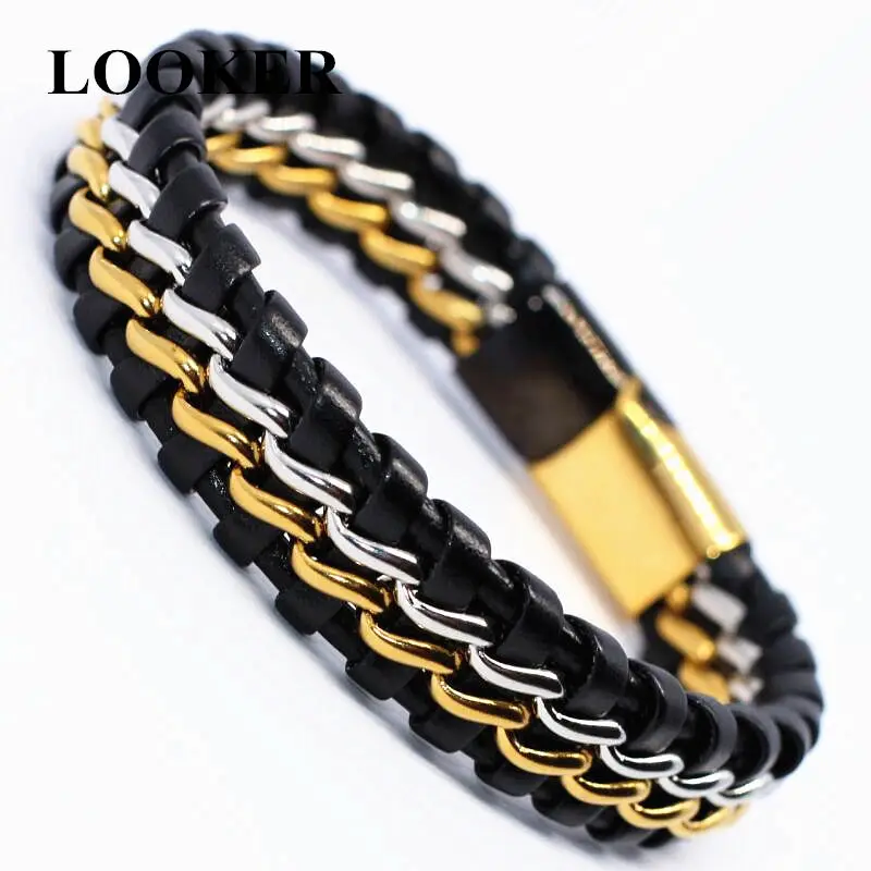 LOOKER 2019 ювелирные изделия мужские браслеты черный кожаный шнур плетеный браслет из нержавеющей стали для мужчин ювелирные изделия