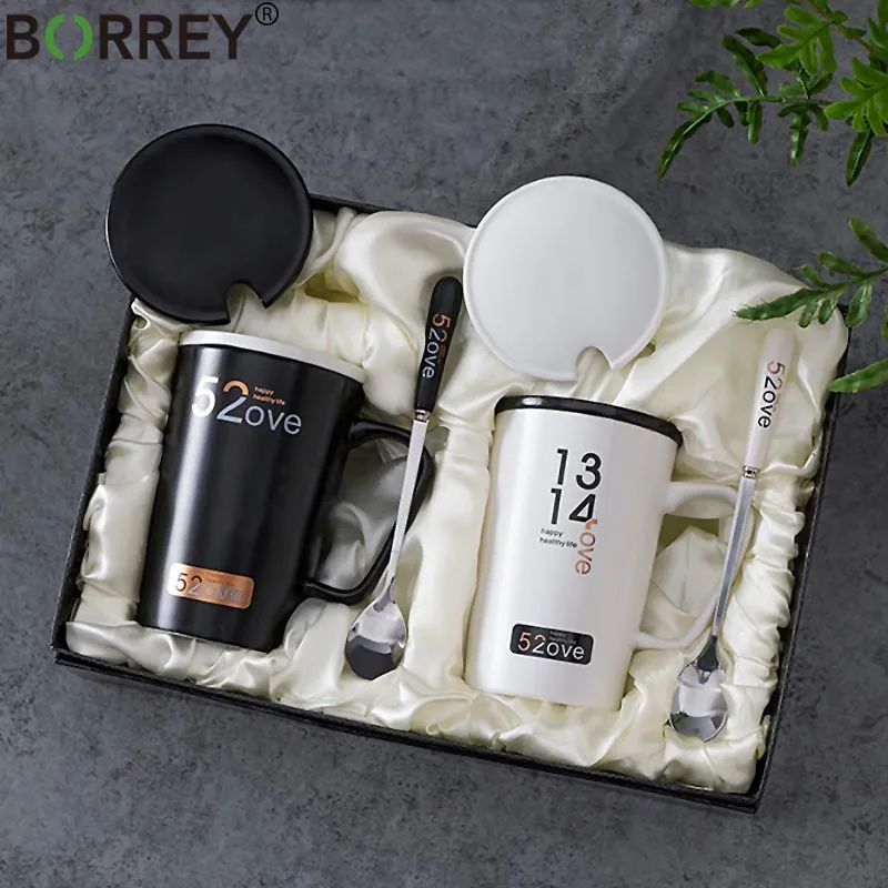 

BORREY Creative Ceramic Coffee Mug Tea Couple Mug Set Whit Gift Box Chinese Porcelain Tea Cup With Lid And Spoon Black White Mug