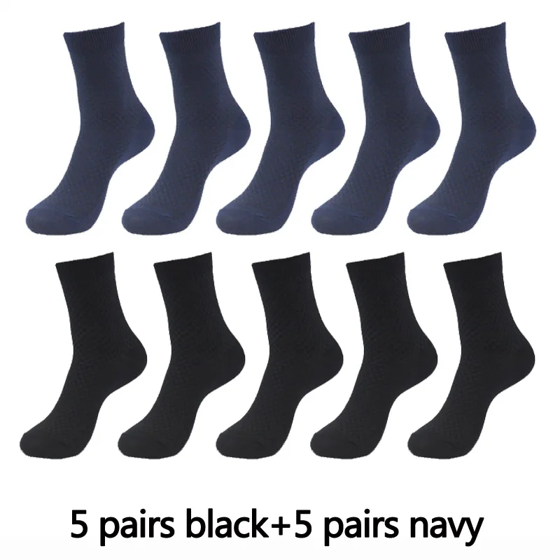10 пар, высокое качество, бамбуковое волокно, мужские носки, Бизнес Стиль, дышащие, дезодорант, компрессионные носки, мужские, длинные, большие размеры, евро 38-46 - Цвет: 5 black 5 navy