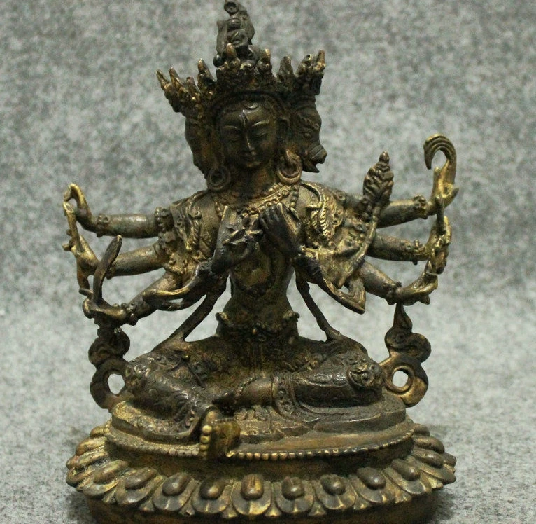 

Old Tibet Bronze Temple 3 Head 8 Arms Namgyalma & Ushnishavijaya Buddha Statue