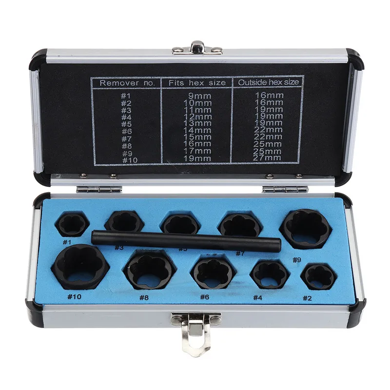 

11pcs/Set Damaged Bolts Nuts Screws Remover Extractor Removal Tools Set Threading Tool Kit Black Nuts And Bolts Extractors Box