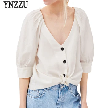 

YNZZU 2018 Autumn Women Blouse Elegant Solid Half Sleeve Buttons Female Office Lady Blusas Tops blusa feminina YT412