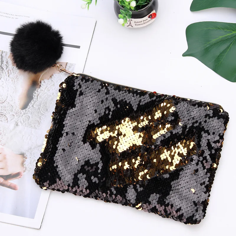 Fashion Reversible Sequins Glitter Makeup Bags Girl Cute Plush Ball Cute Cosmetics Pouchs For Travel Ladies Women Cosmetic Bag