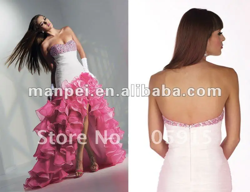MP-465 Gorgeous Strapless Crystal Beaded Organza White and Pink Front Short Long Back Formal evening Dress |