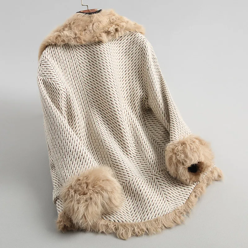AYUNSUE Real Fur Coat Women Tweed Wool Blends Jackets 2018 Luxury Natural Lamb Fur Liner Warm Winter Female Jacket 68246 WYQ1918