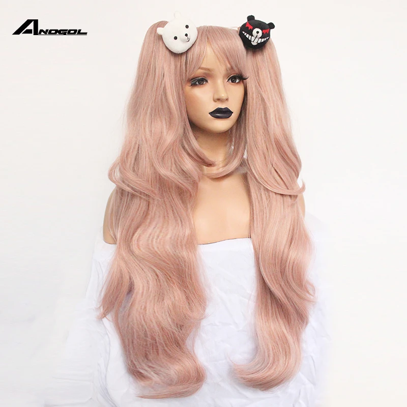 ANOGOL Anime Junko Enoshima Dangan Ronpa Light Pink Long Wavy  Synthetic Cosplay Wigs Ponytails Black White Bear Clips Costume