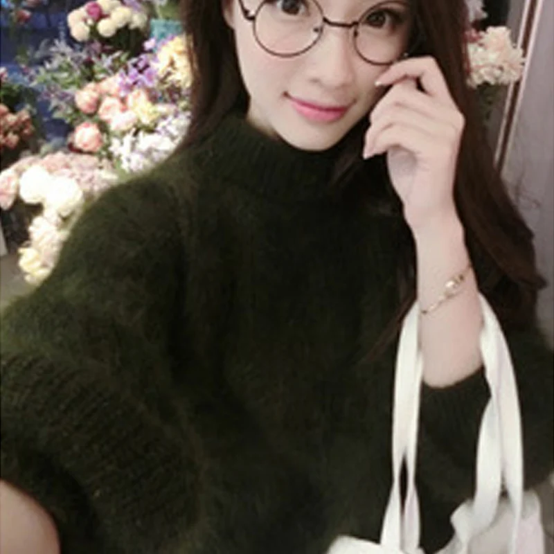 Новое поступление женский осенне-зимний свитер вязаный рукав-фонарик женский джемпер сплошной 9 цвета пуловеры - Цвет: Армейский зеленый