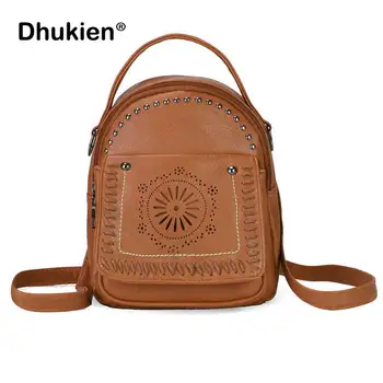 

Vintage Pu Leather Backpack Hollow Out Small Teenage Girl School Bag Fashion Female Travel Shoulder Bags Rivet Rucksack Bag