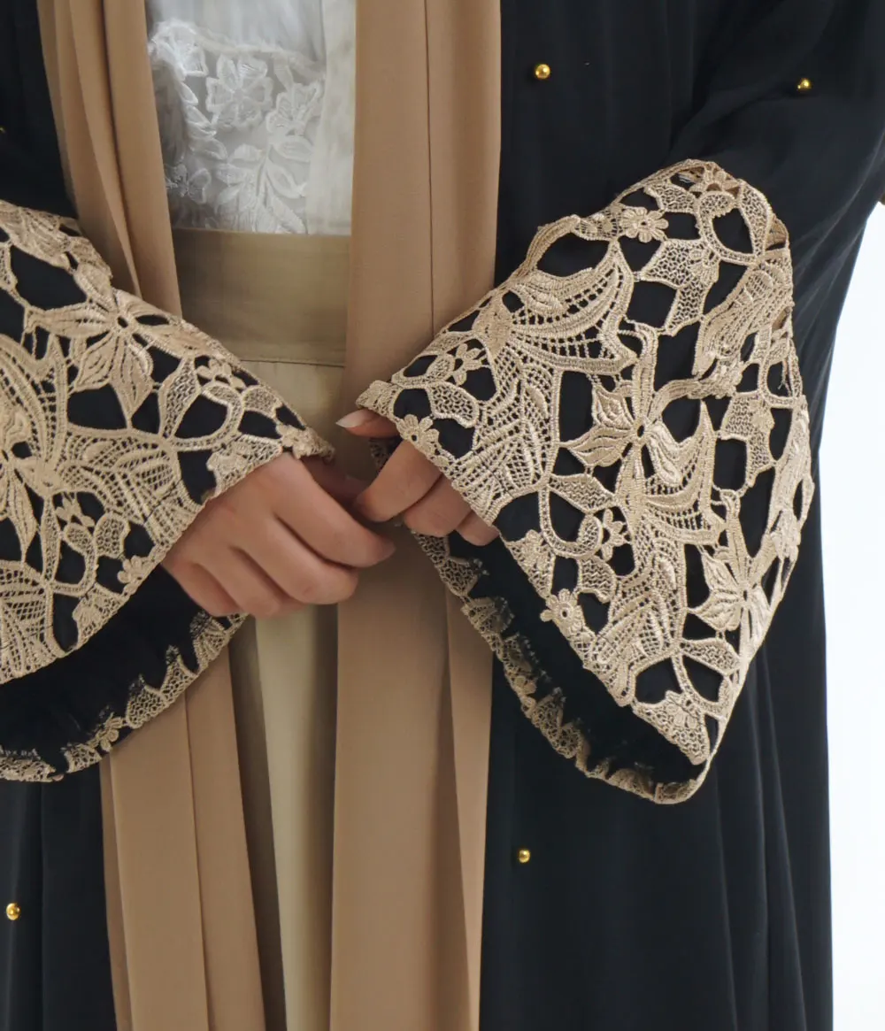 Черный с цветами лазерной резки мусульманское платье абайя исламских женщин Малайзии джилбаб джеллаба халат Musulmane турецкий Baju открытый кимоно кафтан