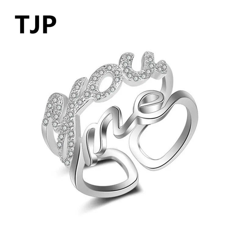 

TJP Ronmantic Love Letter Shiny CZ Adjustable Ring For Women Party 925 Sterling Silver Finger Ring Female Engagement Accessories