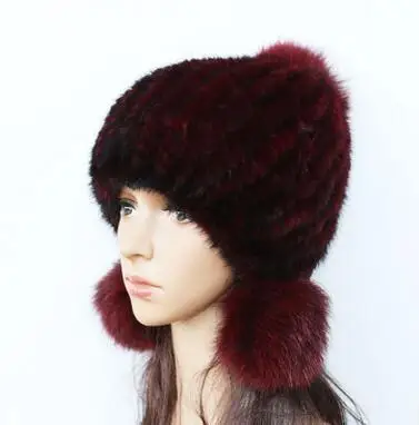 Натуральная вязаная шапка из меха норки, женская шапка ручной работы, модные зимние головные уборы - Цвет: wine