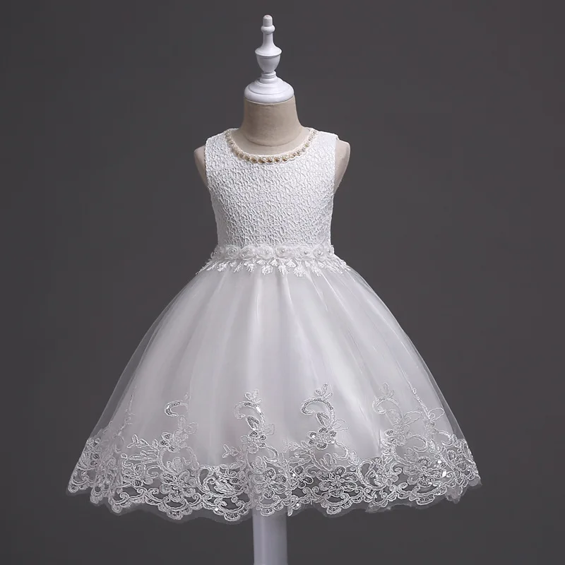 

Cute Sleeveless Flower Sash Sequin Lace Hem Crew Pearl Neck Children Clothing 4 To 11 Years Girls Dresses for Party and Wedding