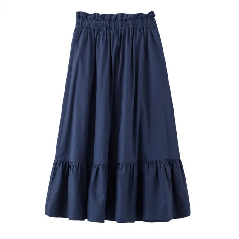 

4 colors Autumn Summer women elegant Sweet skirt Girrls 2019 Cotton Linen pleated Ruffles ladies mid calf skirts Red Navy blue
