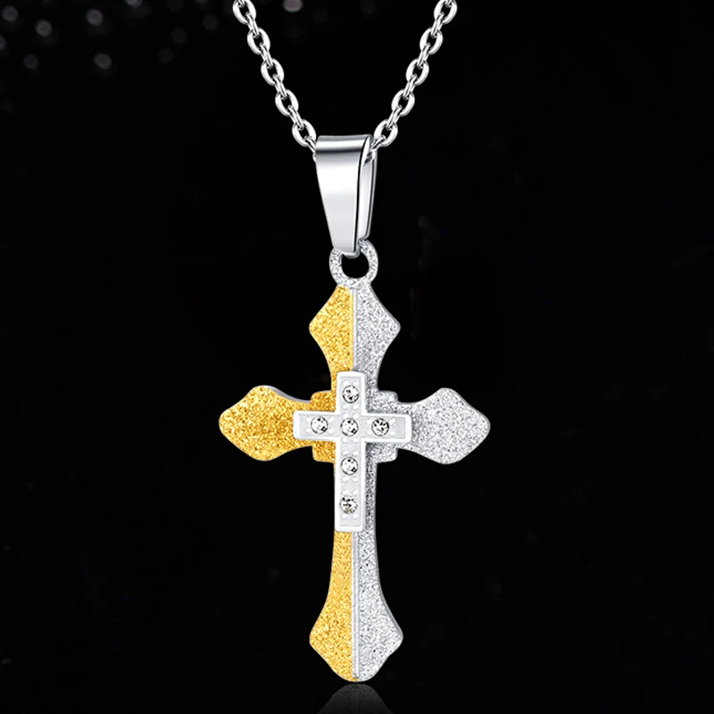 Double Cross Necklace Men Jewelry Collares Zirconia Stainless Steel