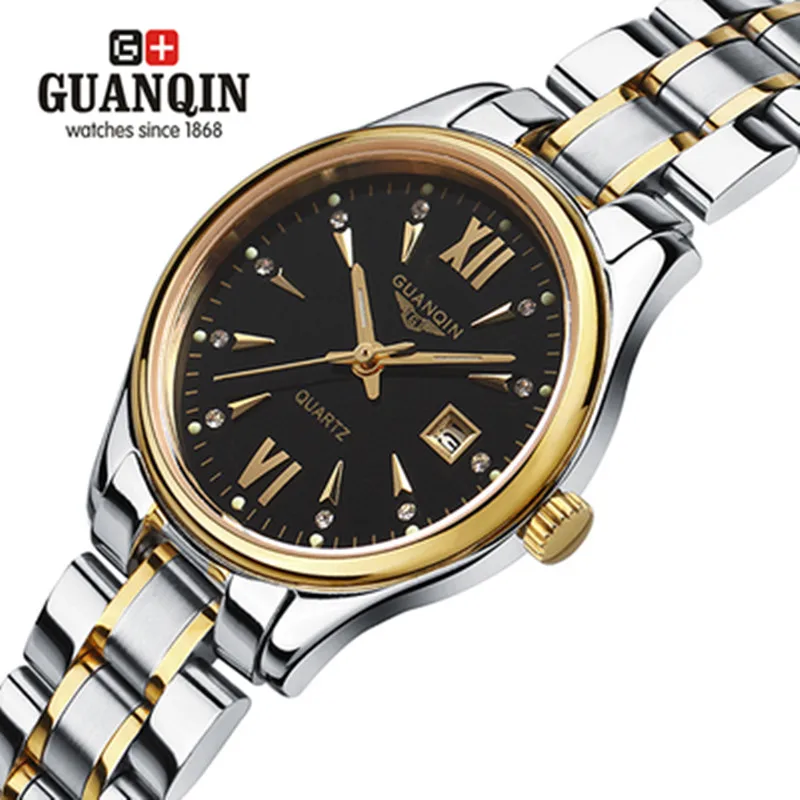 Роскошные брендовые оригинальные часы GUANQIN женские модные роскошные часы GUANQIN кварцевые часы водонепроницаемые женские наручные часы - Цвет: gold black