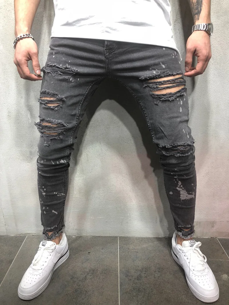 Для мужчин s Hipster обтягивающие джинсы 2018 Фирменная Новинка Хип-хоп проблемных Рваные джинсы брюки Для мужчин Slim Fit мотоциклетные байкерские
