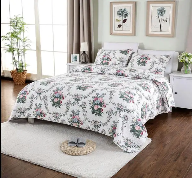 Small Flower Pastoral Europe Brand Cotton Quilting Quilts KING 250*230cm WaterWashed Bed Cover
