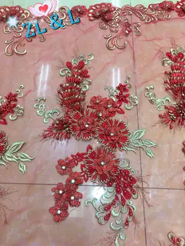 

Hand-embroidered beaded diamonds 3 flower-shaped African Nigerian lace fabric French net for ladies' wedding dresses