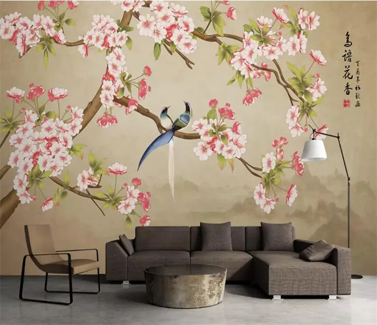 

wallpapers photo 3d TV wall Mural for TV background large ink flower and bird frescos Chinese retro style for living room