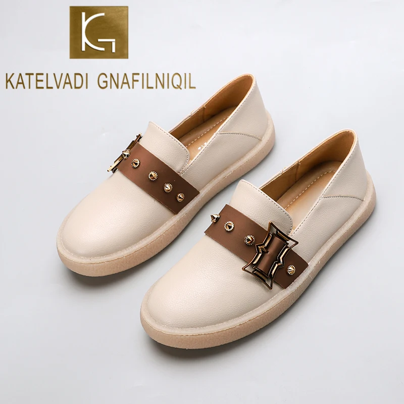 

KATELVADI Autumn Flats Women Shoes Buckles Loafers PU Leather Elegant Flat Heels Slip On Footwear Female Round Toe Size 39 K-461