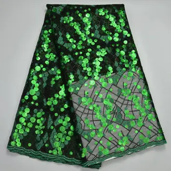 

Latest French Nigerian Laces Fabrics High Quality Tulle African Laces Fabric With Sequins For Party dress green black QA192