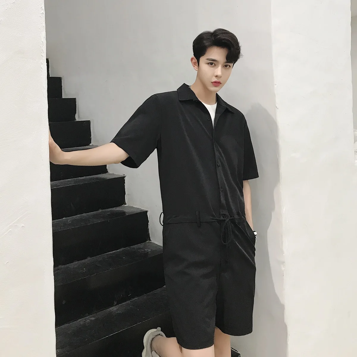 

Men Streetwear Fashion Hip Hop Casual Short Sleeve Overalls Drawstring Pant Summer Male Women Tooling Jumpsuit Trouser