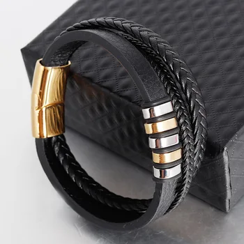 

TANGYIN Genuine Leather Bracelet Fashion Men Woven Bracelet Gold Black Color Metal Stainless Steel Bracelet Father's Day Gift