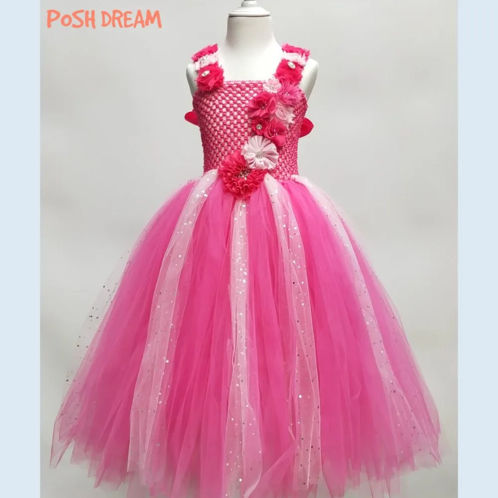

POSH DREAM Hot Pink Flower Girls Party Wedding Dresses Shining Tulle Fashion Kids Dresses for Girls Clothes Unicorn Girls Dress