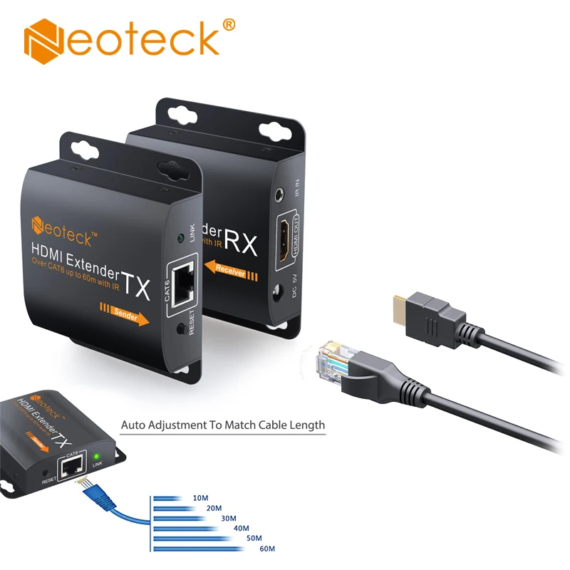 Neoteck HDMI удлинитель адаптер 1080P до 60 м HDMI передатчик приемник RX/TX через CAT6 кабель с ИК кабелем Великобритания ЕС питание