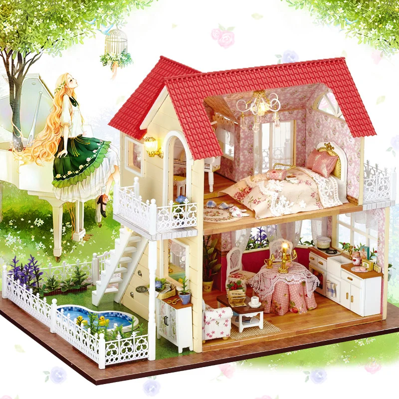 

Doll House Miniature DIY Dollhouse With Furnitures Wooden House Pricness Cottage Handmade Toys Children Gift A033 #E