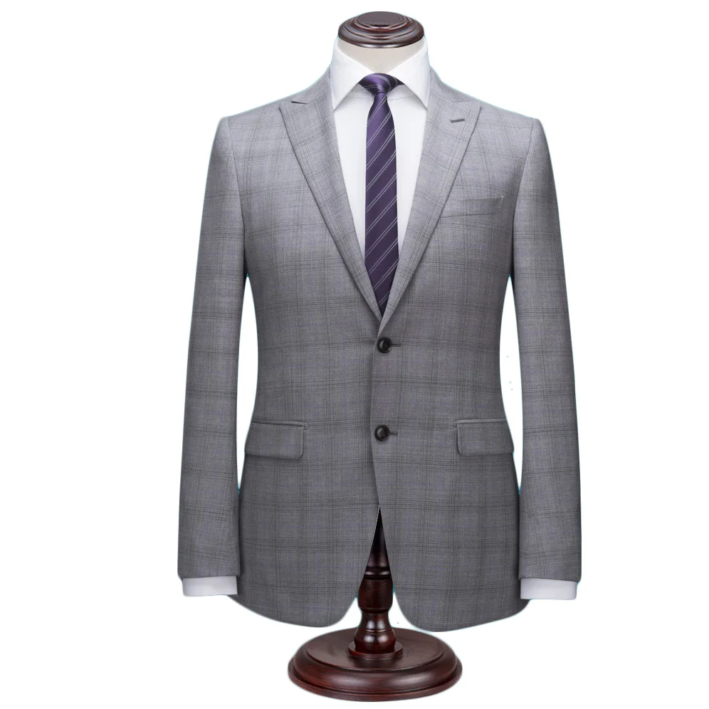 

Wool Brown Classic custom made slim fit mens 2 piece Grey Plaid suits gentleman style tailor wedding party dresses suits for men