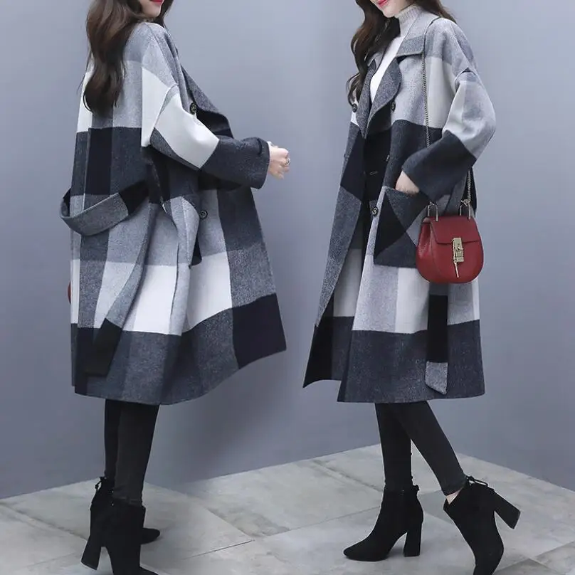 Новинка, зимнее шерстяное пальто для женщин, высокое качество, длинная куртка с отворотом, casaco, женское элегантное пальто в черно-белую клетку