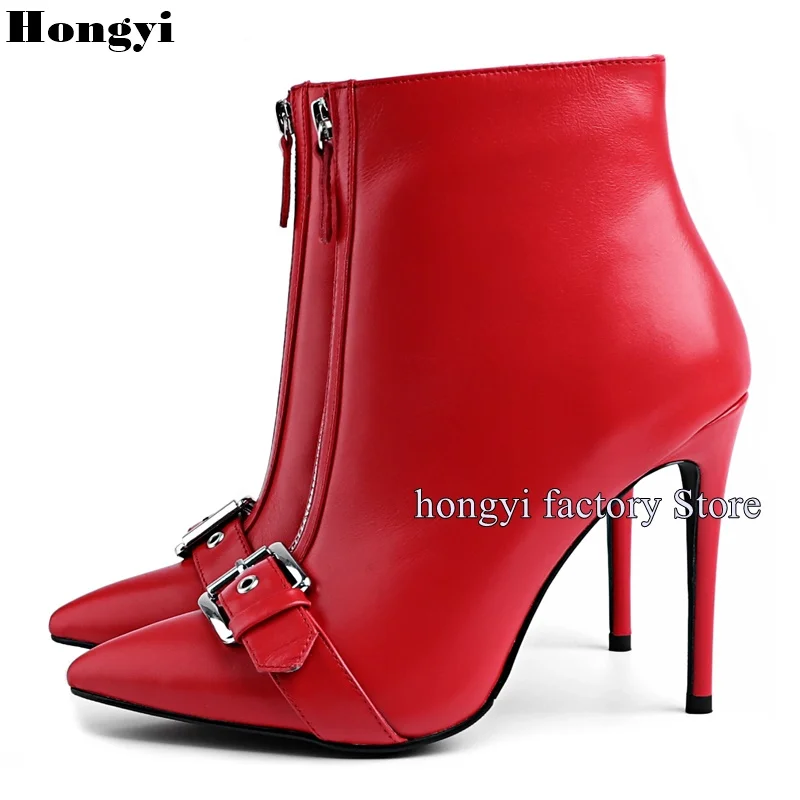 Fashion Red Leather Ankle Boots Women High Heel Pointed Toe Zipper