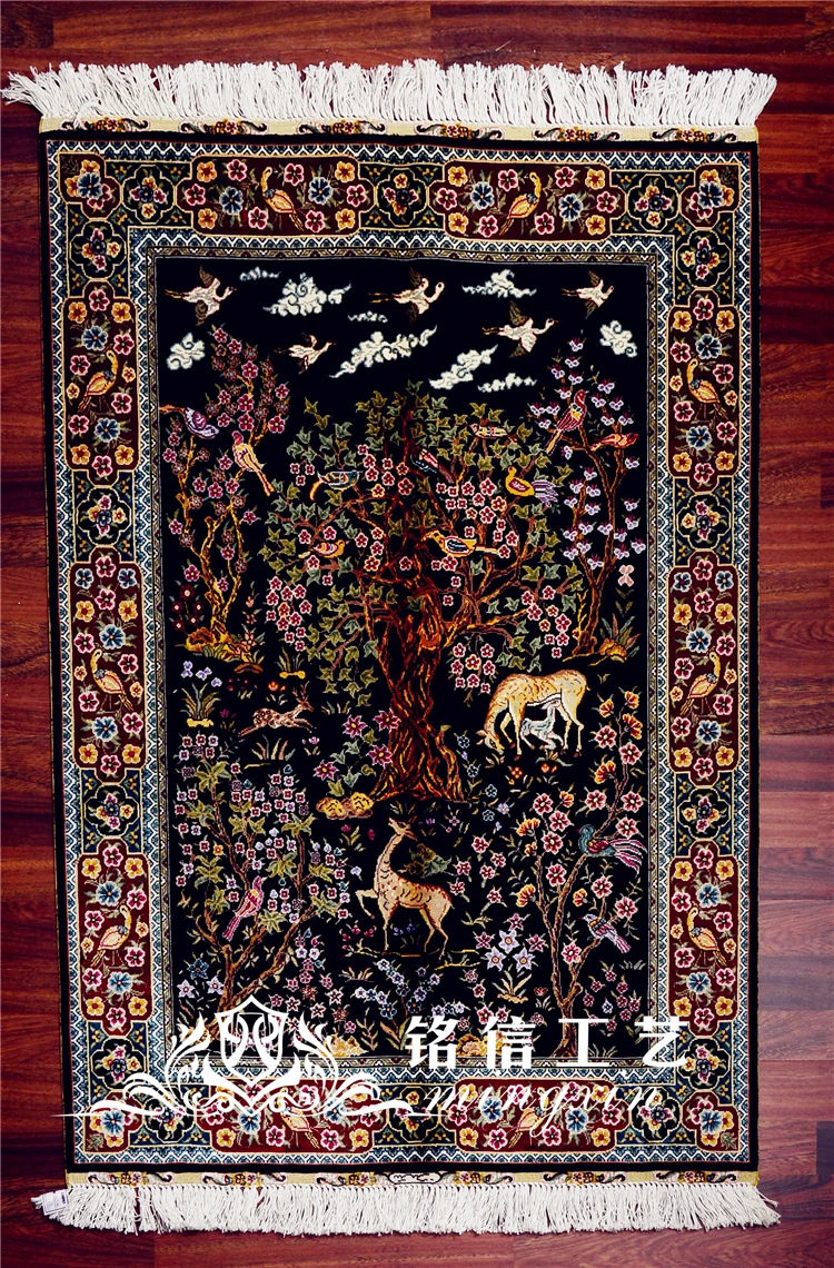 

2.7'x4' Black Tree And Deer Design Hand Weave Silk Carpet Turkey Design Oriental Silk Rug