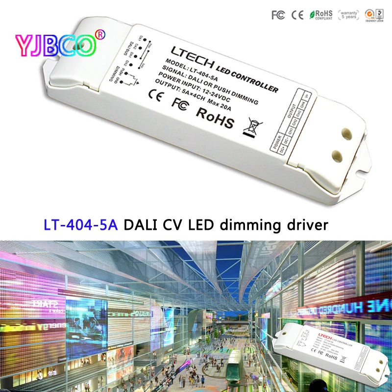 

LTECH LT-404-5A DALI Led Dimming Driver,DC5-24V;5A*4CH Max 20A output;DALI/Push button signal input for single color led strip