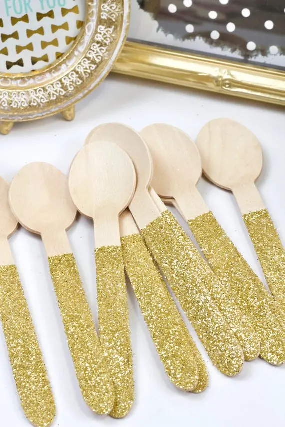 Wood Glitter Knife, Sliver Spoon & Fork, Gold Glitter Utensils Disposable Party Supply
