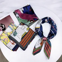 LEAYH New Style Person and Nature Print 70cm Faux Silk Square Scarf Hair Tie Scarves Band Women Business Party Accessories