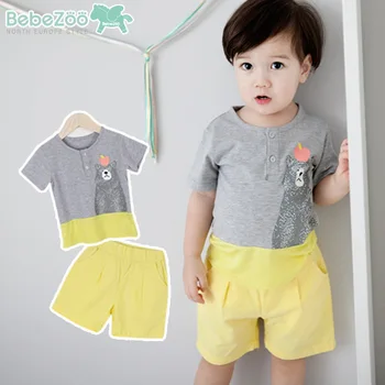 

2PCs per Set Unisex Little Kids Summer Outfit Cutee Bear with Apple Print Tshirt and Solid Color Shorts Free Shipping