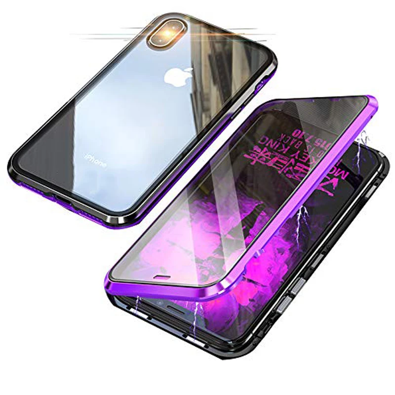 Двухсторонняя, для стекла Магнитный чехол для iPhone XS Max XR X 7 8 плюс Роскошный Металлический 360 градусов Полная защита чехол iPhone X S R - Цвет: Black Purple
