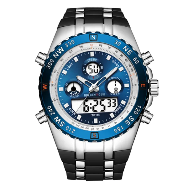 GOLDENHOUR модные спортивные мужские черные часы с двойным дисплеем аналоговые цифровые армейские военные водонепроницаемые мужские часы Erkek kol saati - Цвет: Silver blue